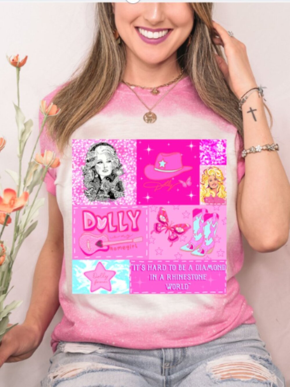 Bleached Heather Heliconia Dolly Rhinestone Diamond World Tshirt Small-2X